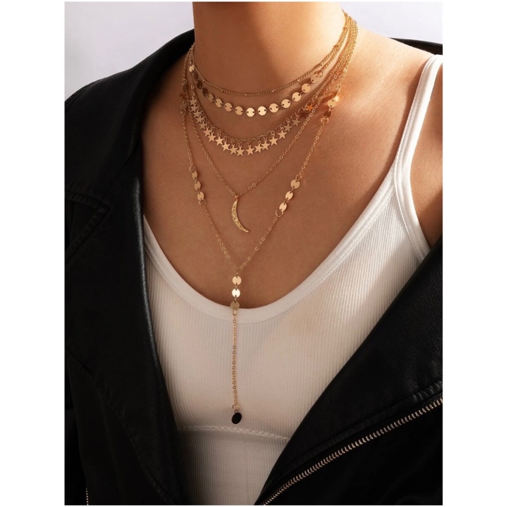 Boho Gold tone Stars Moons Multilayer Necklace